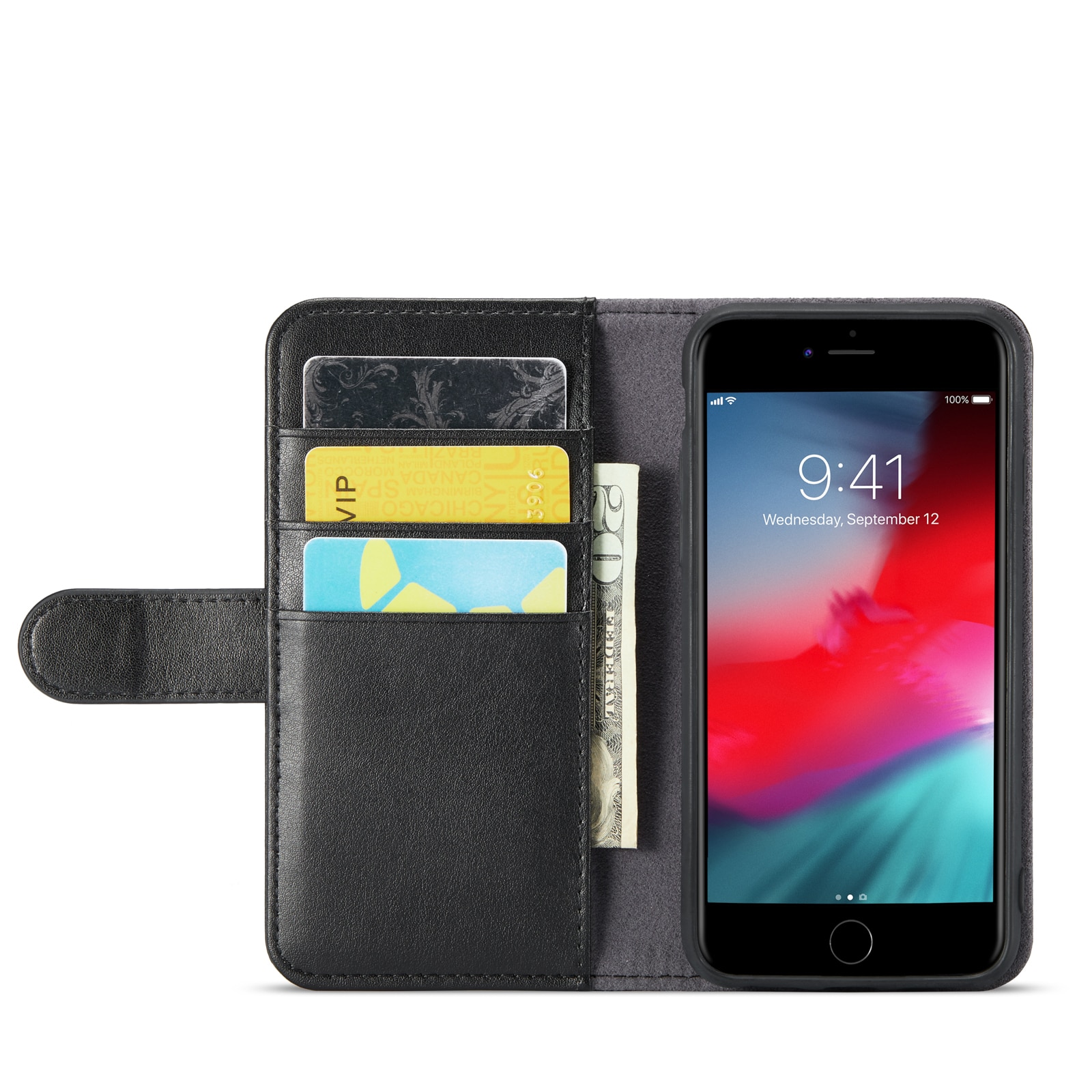 Custodia a portafoglio in vera pelle iPhone 8, Nero