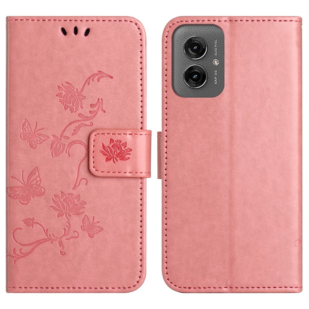 Custodia in pelle a farfalle per Motorola Moto G55, Rosa